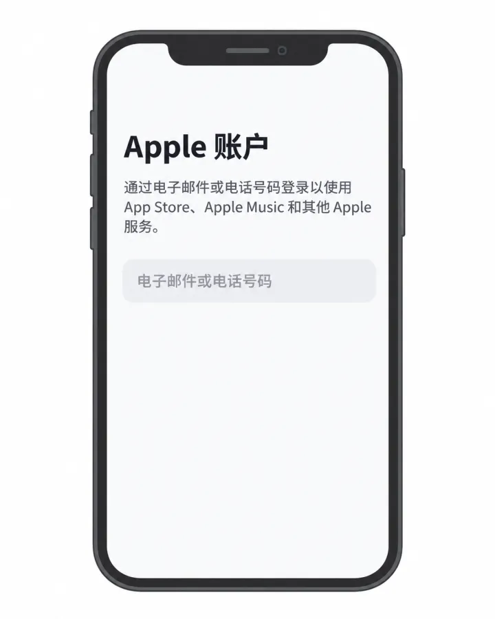示意图：Apple 账户登录页，要求填电子邮件或电话号码