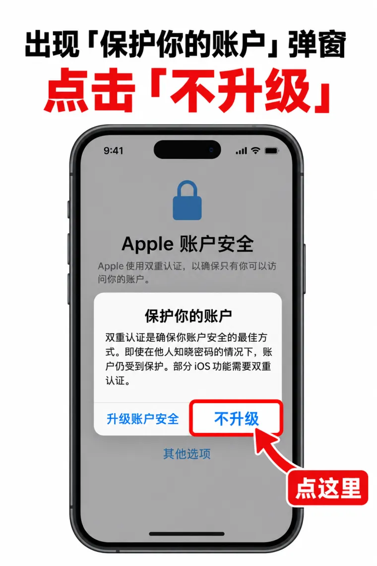 示意图：「保护你的账户」弹窗里，右侧的「不升级」被红框标出