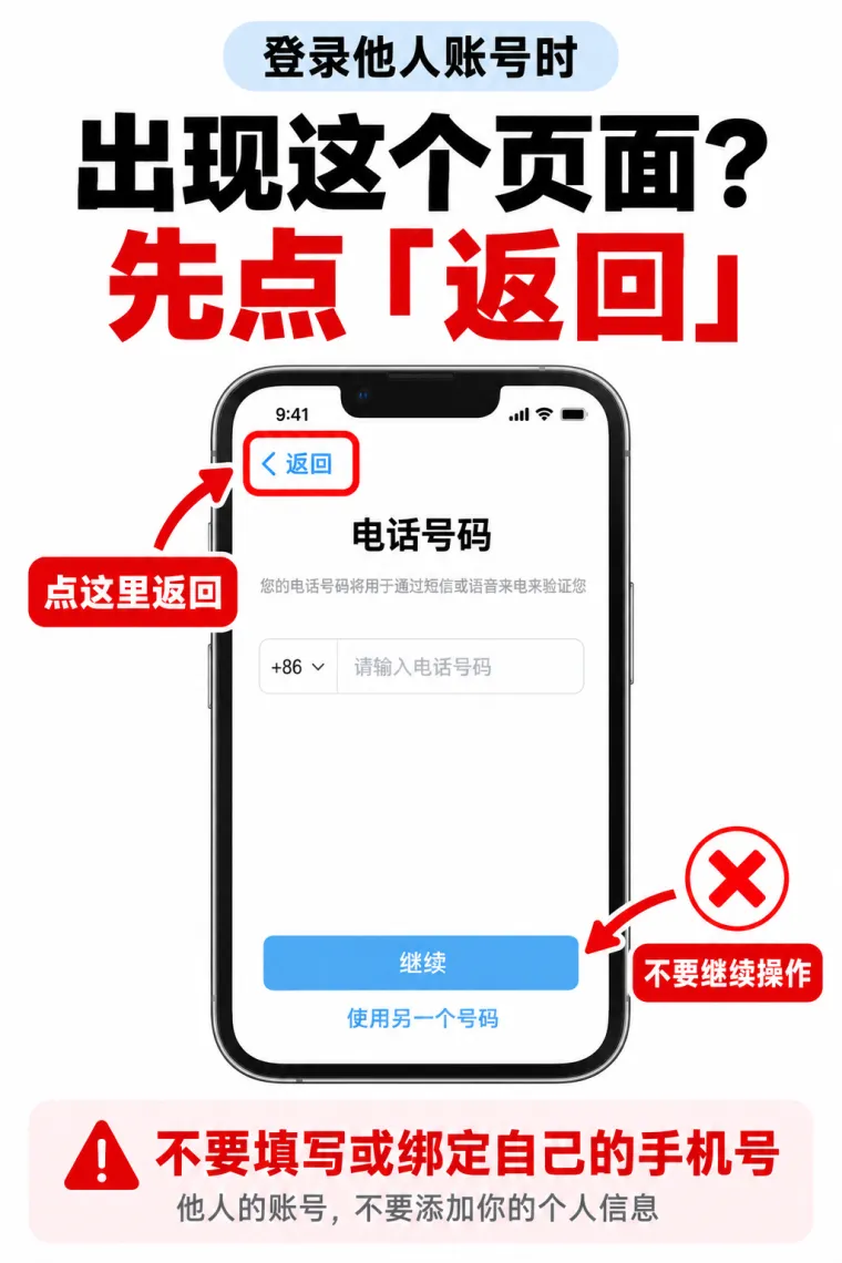 示意图：出现「电话号码」验证页时应点左上角返回，不要填写自己的手机号